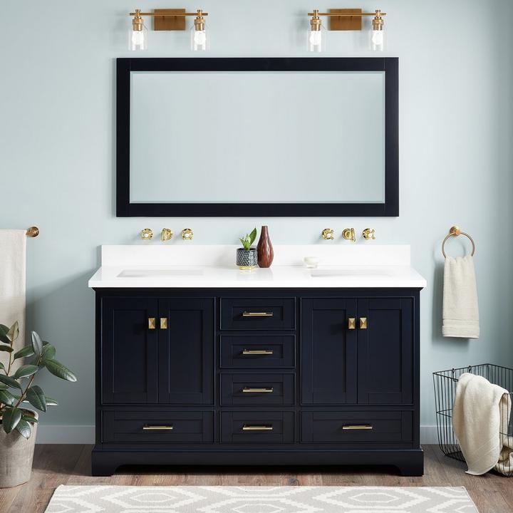 60" Quen Double Vanity in Midnight Navy, and Solo 2-Light Vanity Light in Brushed Gold