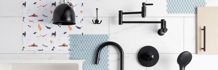 Vassor Shower Trim, Ravenel Pull-Down Kitchen Faucet, Grinnell Single Vanity Light, and other hardware