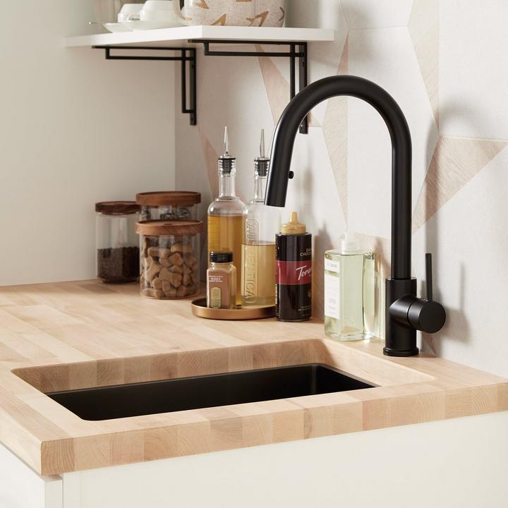 Ravenel Single-Hole Pull Down Bar Faucet in Matte Black used for a wet bar with sink