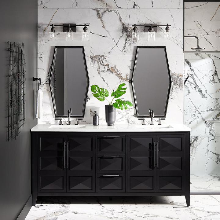 bathroom with 72" Holmesdale Vanity, Greyfield Faucets, Stolo 3-Light Vanity Light, and Tenaya Decorative Vanity Mirror