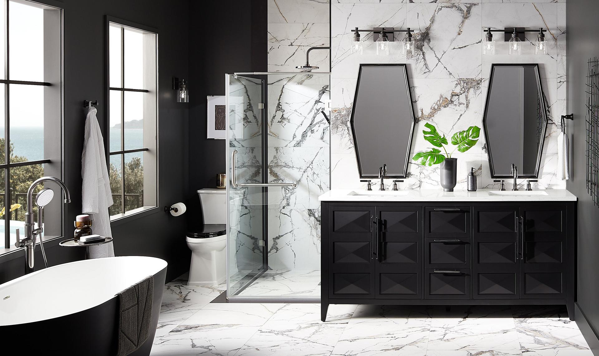 bathroom with 72" Holmesdale Vanity, Greyfield Faucets, Stolo 3-Light Vanity Light, and Tenaya Decorative Vanity Mirror