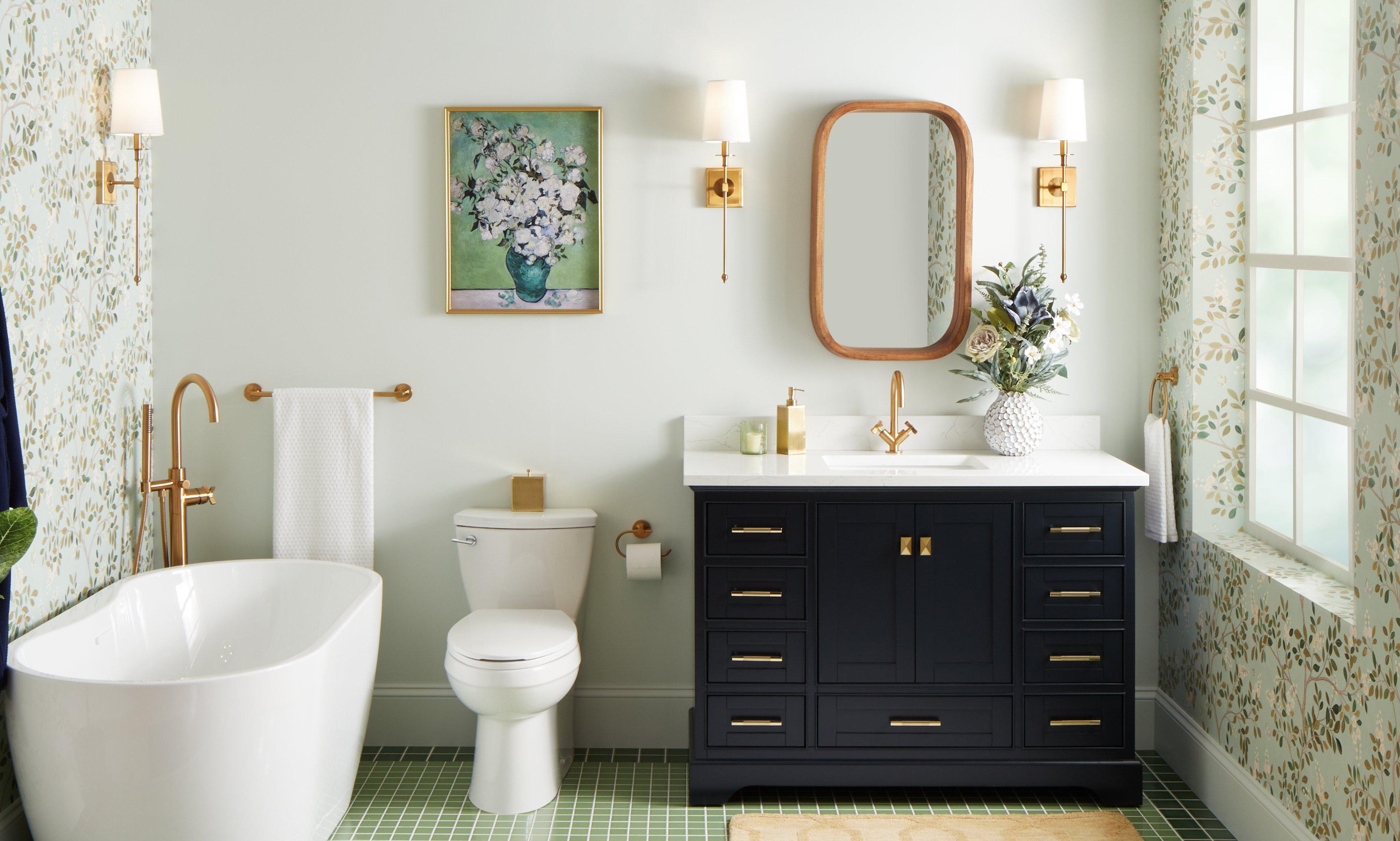 Quen Vanity in Midnight Navy, Vassor Single-Hole Faucet & Freestanding Tub Faucet in Brushed Gold, Boyce Acrylic Tub