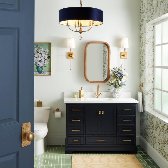 48" Quen Vanity - Midnight Navy, Vassor Bathroom Faucet - Brushed Gold, Calera Wall Sconce - Aged Brass, Brinstead Toilet