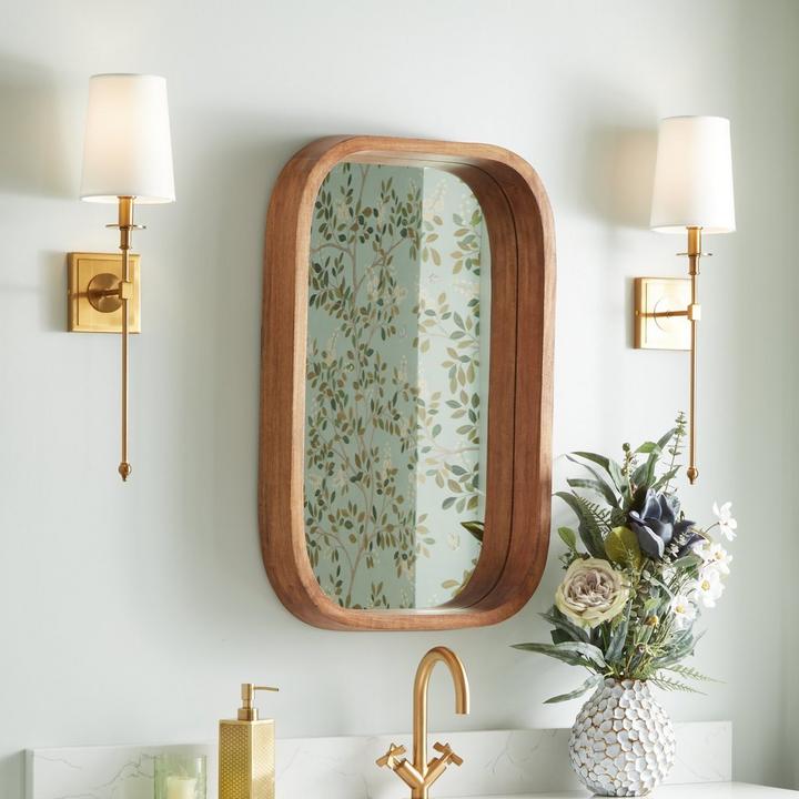 Acrewood Oval Wood Vanity Mirror in Natural Mango Wood, Calera Wall Sconce Single Light Candelabra in Brushed Gold