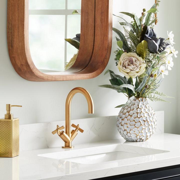Vassor Single-Hole Bathroom Faucet - Brushed Gold, Acrewood Oval Wood Vanity Mirror - Natural Mango Wood