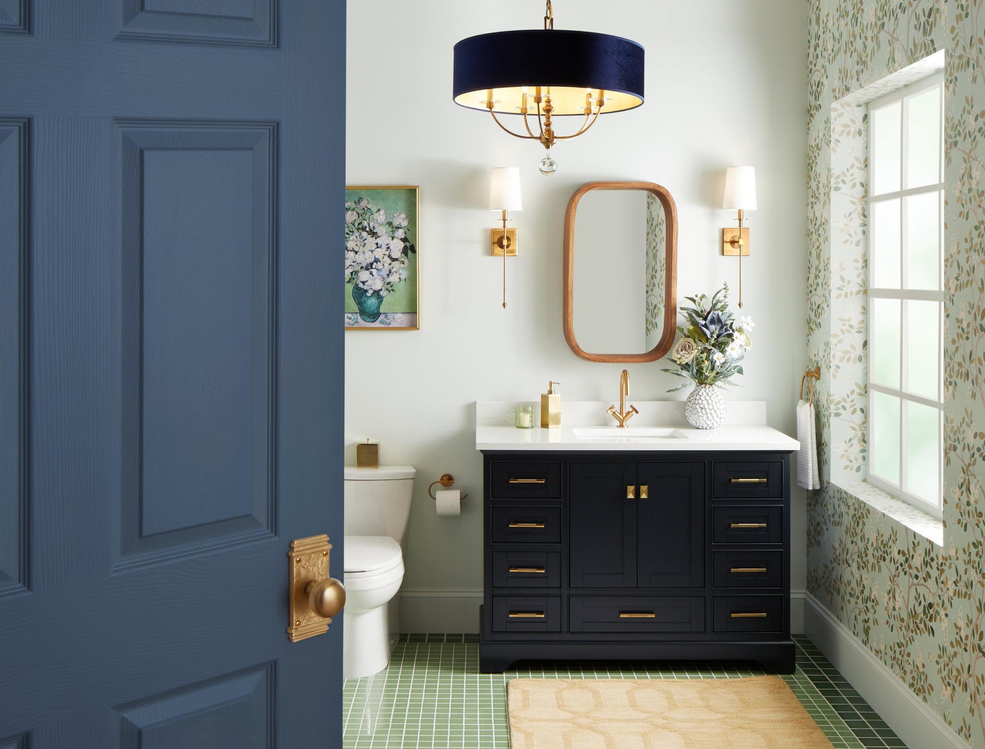 48" Quen Vanity - Midnight Navy, Vassor Bathroom Faucet - Brushed Gold, Calera Wall Sconce - Aged Brass, Brinstead Toilet