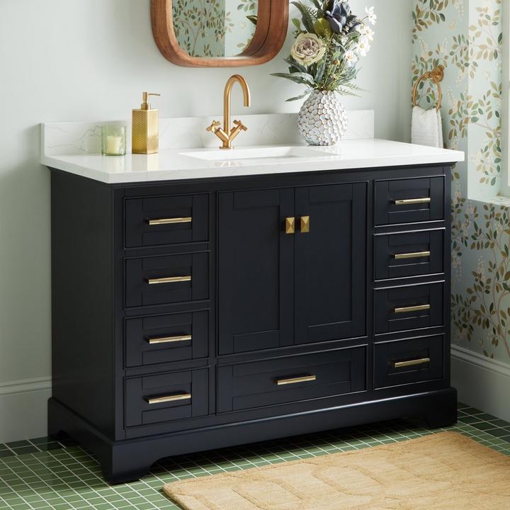 48" Quen Vanity With Rectangular Undermount Sink in Midnight Navy Blue, Vassor Single-Hole Bathroom Faucet in Brushed Gold