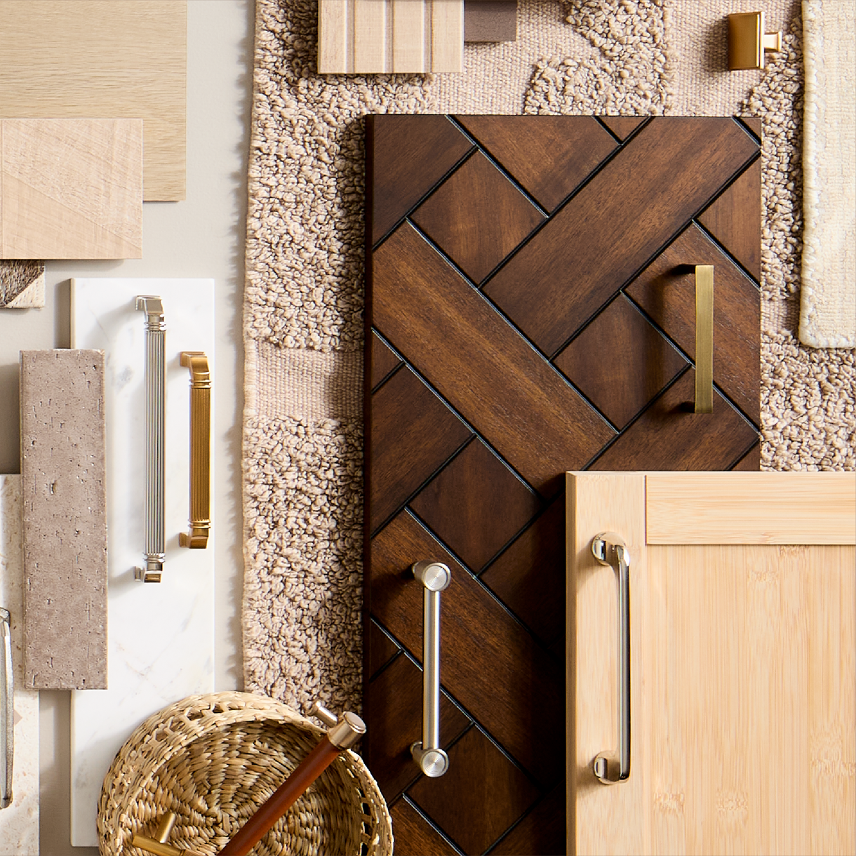 Patzi Vanity, Lazzara Cabinet Pull - Brown Leather and Brushed Gold, Orwell Cabinet Hardware - Brushed Nickel