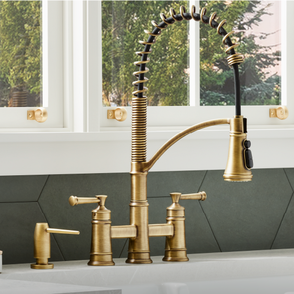 Beasley Bridge Kitchen Faucet with Pull-Down Spring Spout - Aged Brass