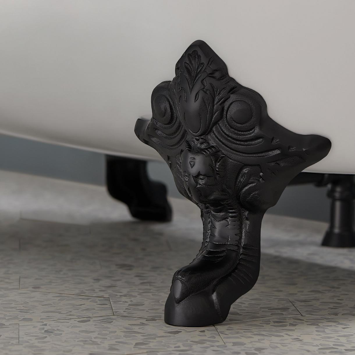 Closeup of Lena Cast Iron Double-Slipper Clawfoot Tub - White - Rolled Rim - Black Feet & Drain