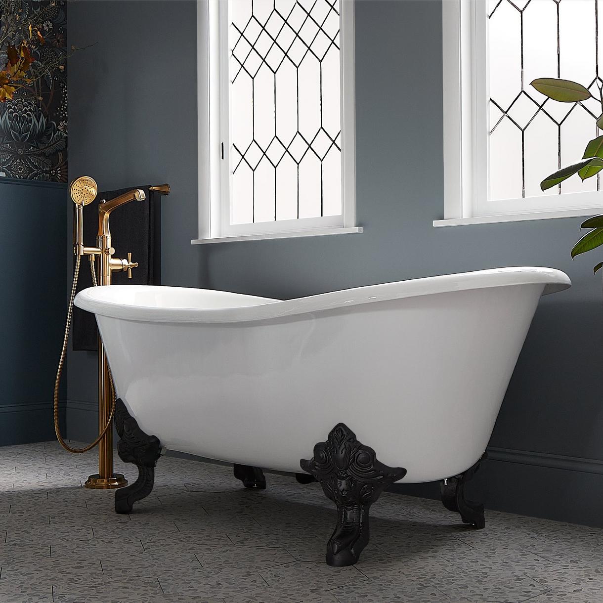 Lena Cast Iron Double-Slipper Clawfoot Tub - White - Rolled Rim - Black Feet & Drain