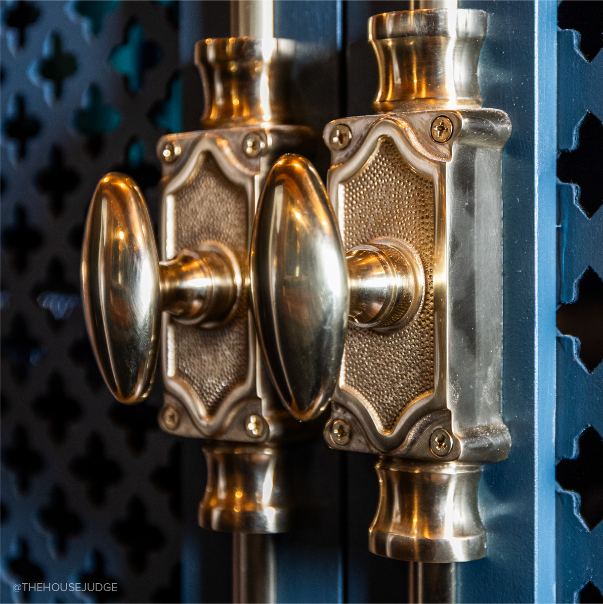 closeup of Corabel Brass Cabinet Cremone Bolt - Polished Brass