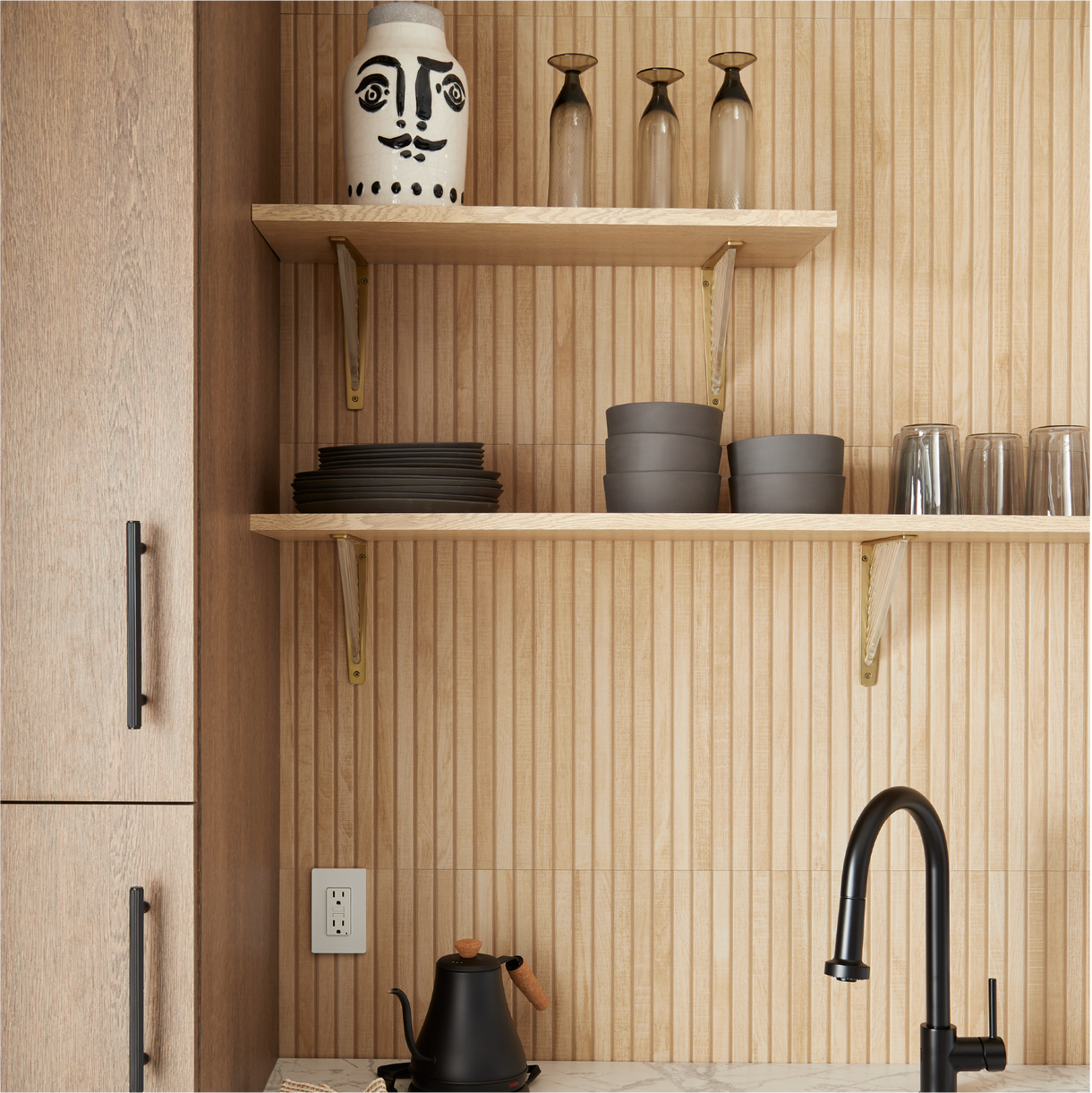 Daylen Brass and Acrylic Shelf Bracket - Satin Brass, Ridgeway Kitchen Faucet - Matte Black