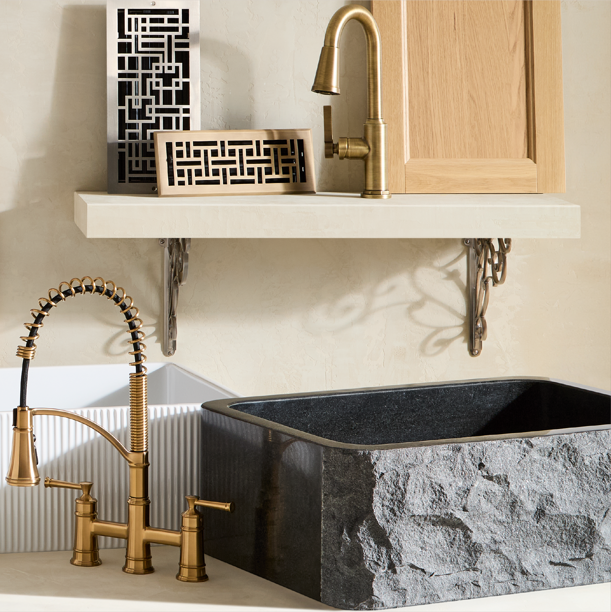 Finbrook Kitchen Sink, Beasley Spring-Spout Bridge Faucet