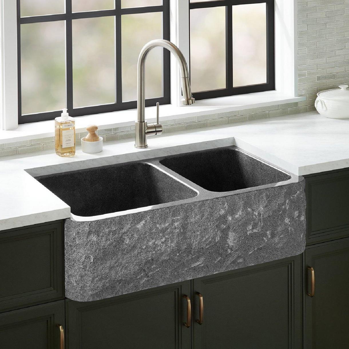 Finbrook Chiseled 60/40 Offset Double Bowl Granite Farmhouse Sink - Black