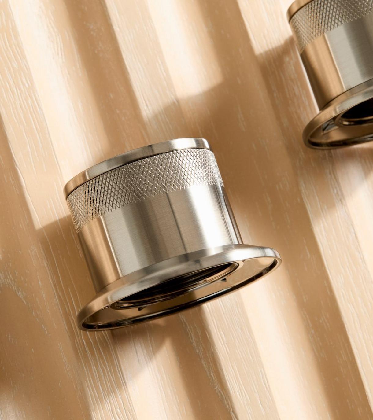 Closeup of Lentz Widespread Bathroom Faucet - Knob Handles - Brushed Nickel