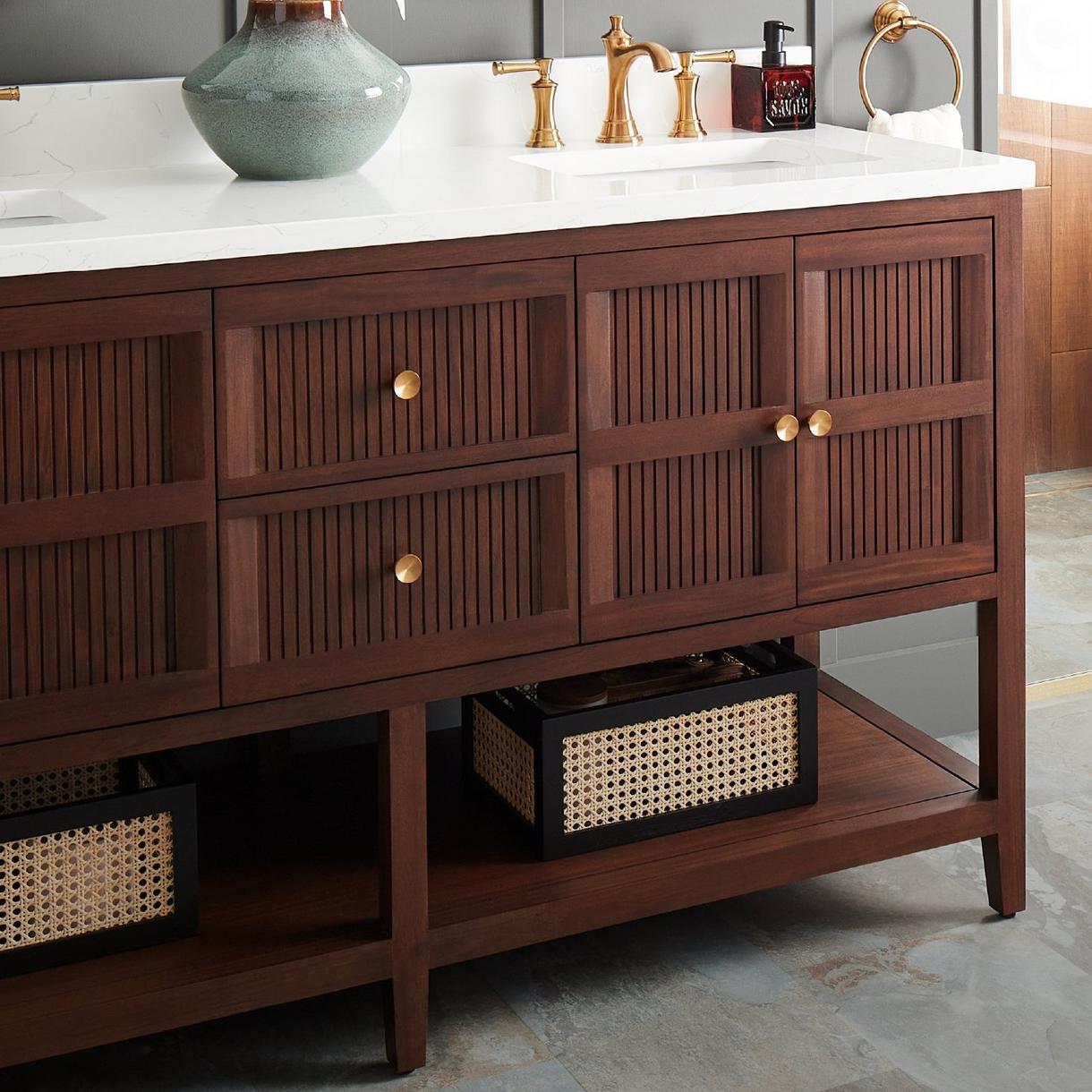 Patzi Vanity, Lazzara Cabinet Pull - Brown Leather and Brushed Gold, Orwell Cabinet Hardware - Brushed Nickel