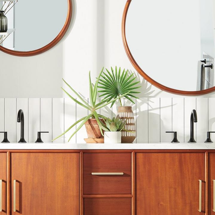 A group of three plants on the 72" Novak Vanity in Natural Teak for home decor tips