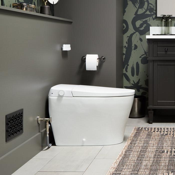 Vela Plus Smart Toilet, Greyfield Toilet Paper Holder, Widespread Faucet - Gunmetal, 36" Elmdale Vanity - Charcoal Black