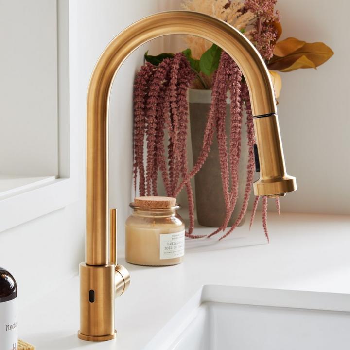 Closeup of Ridgeway Pull-Down Touchless Kitchen Faucet in Brushed Gold