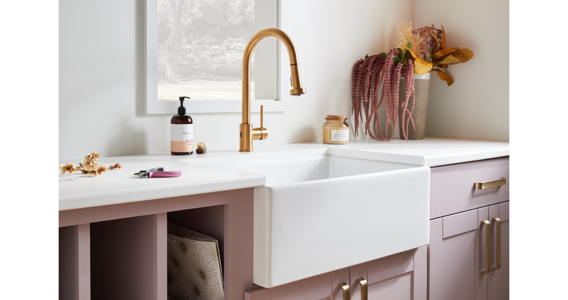 Ridgeway Pull-Down Touchless Kitchen Faucet in Brushed Gold, 27" Rowena Fireclay Farmhouse Sink