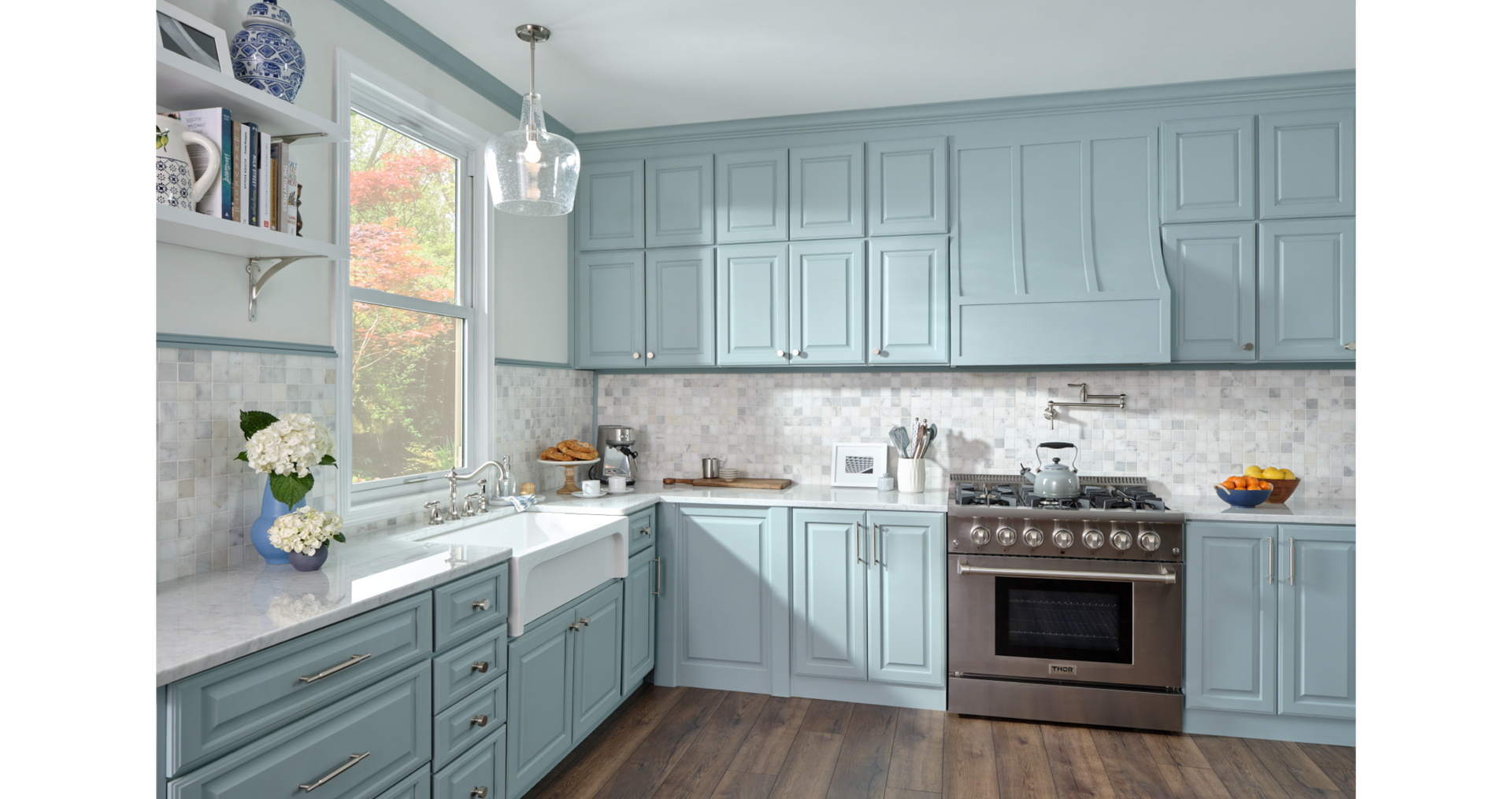 Traditional style kitchen with the Harney Single Light Pendant, Bellevue Bridge Kitchen Faucet With Sprayer in Brushed Nickel