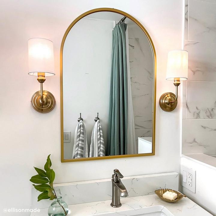 Cooper Single-Hole Bathroom Faucet in Brushed Nickel, Poplin Single Vanity Light Candelabra in Brushed Gold