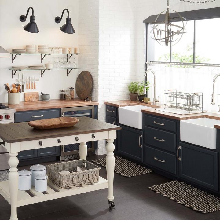 Traditional style kitchen 24" Reinhard Fireclay Farmhouse Sink, Toulouse Solid Brass Cabinet Pull in Polished Nickel