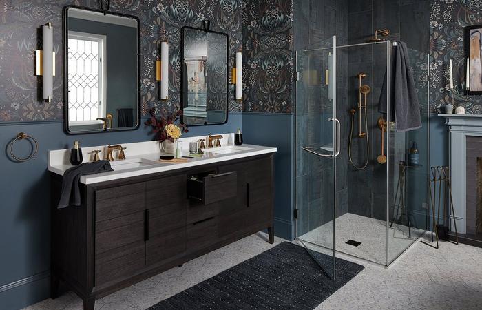 Top 5 home trends for 2025 - dark glam bathroom featuring the 72" Aliso Vanity in Charred Timber Black