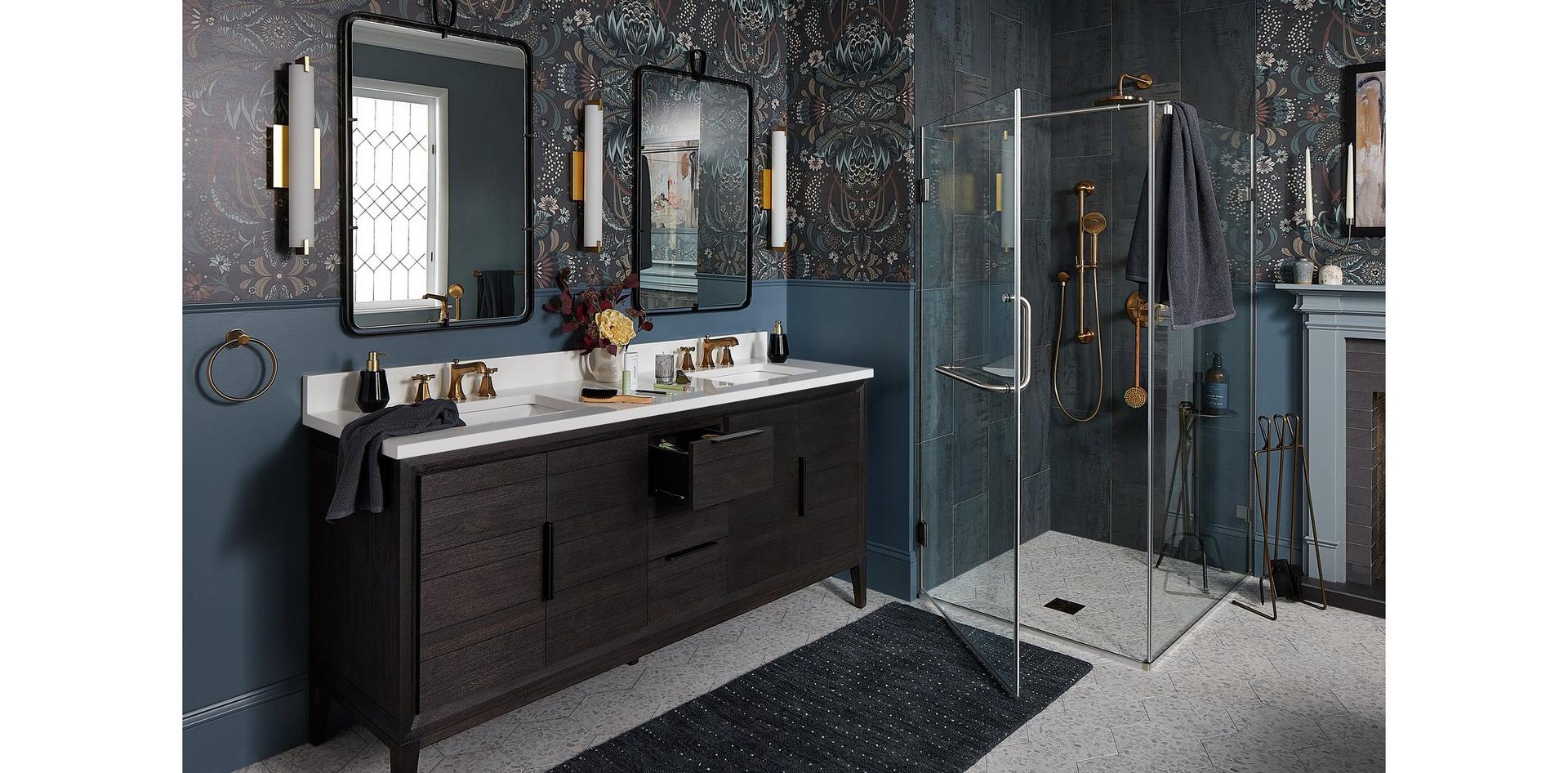 Top 5 home trends for 2025 - dark glam bathroom featuring the 72" Aliso Vanity in Charred Timber Black