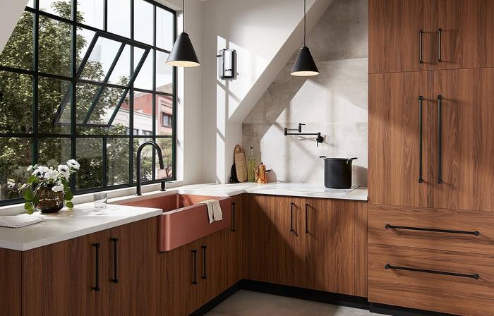 home trends 2025 - Bok Kitchen Faucet in Matte Black, Raina Copper Farmhouse Kitchen Sink, Modern Pot Filler in Matte Black