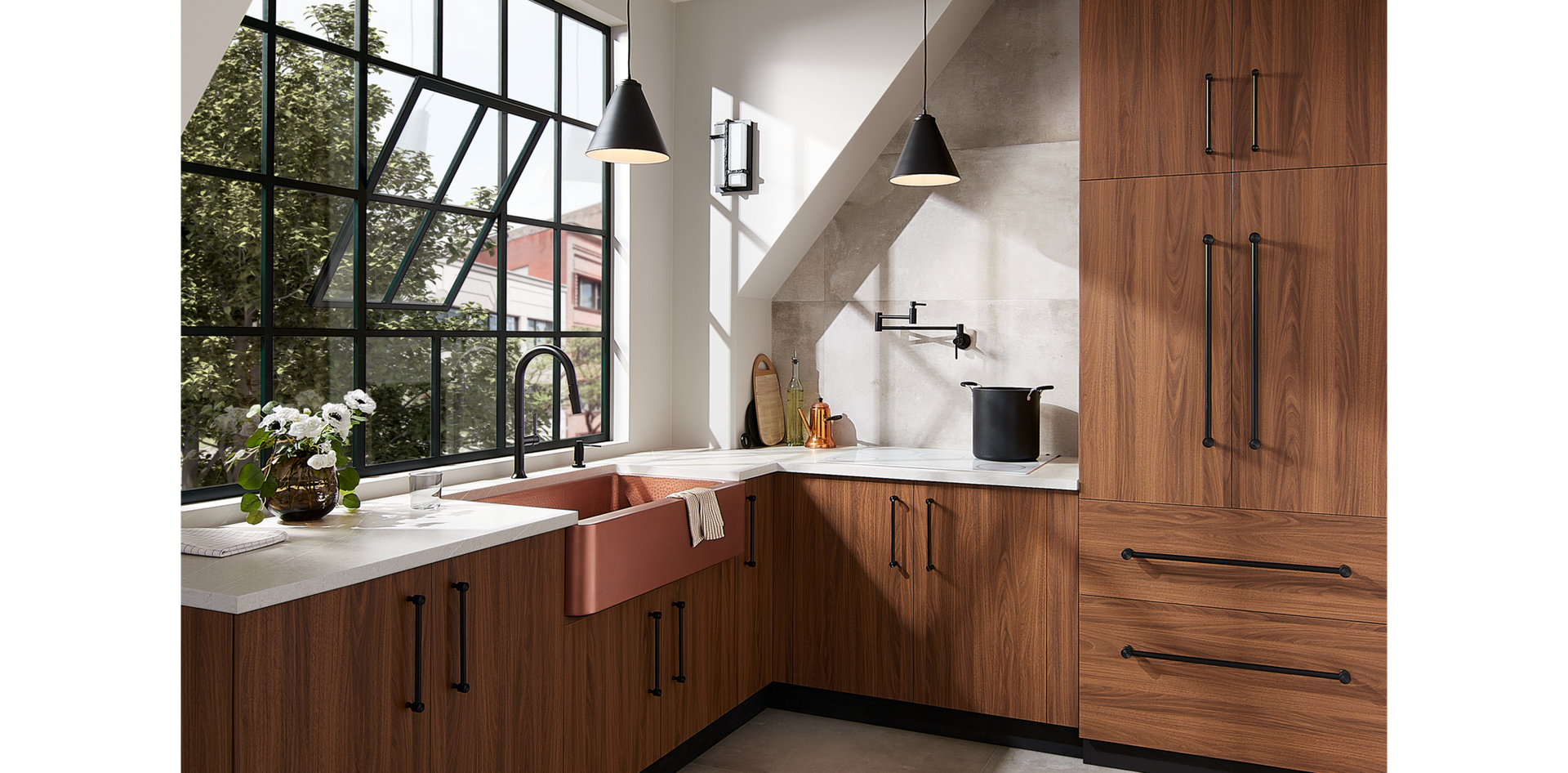 home trends 2025 - Bok Kitchen Faucet in Matte Black, Raina Copper Farmhouse Kitchen Sink, Modern Pot Filler in Matte Black