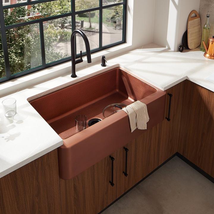 33" Raina Copper Farmhouse Sink, Bok Kitchen Faucet in Matte Black