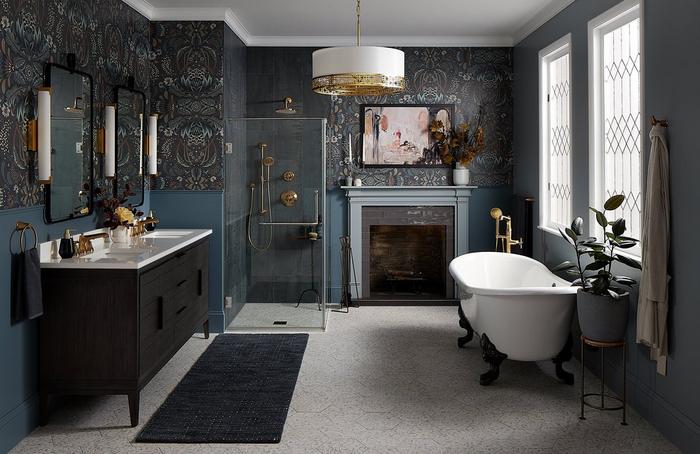 dark glam bathroom with the 72" Aliso Teak Vanity in Charred Timber Black, Elita Widespread Faucet, Tub Faucet in Brushed Gold