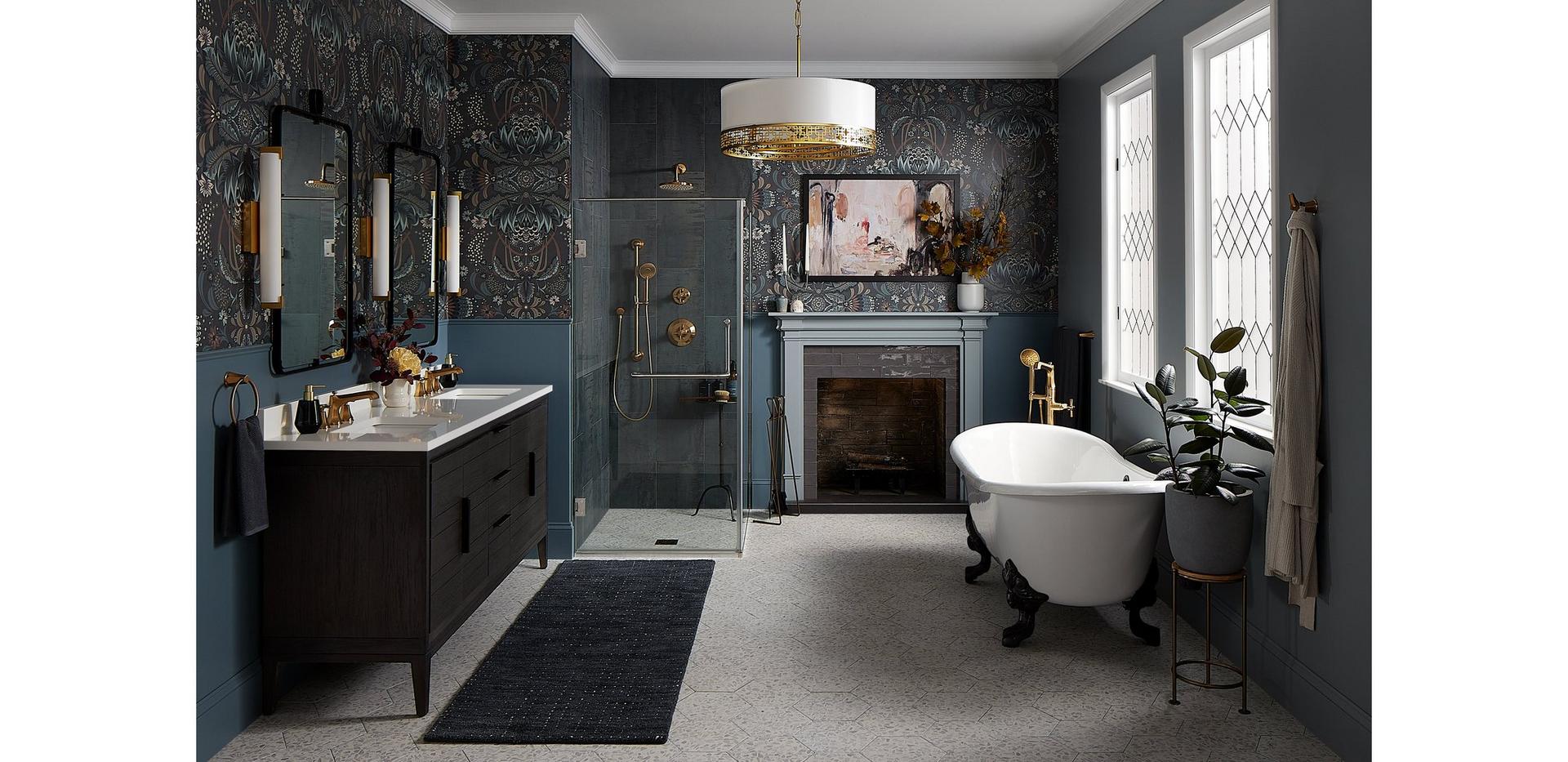 dark glam bathroom with the 72" Aliso Teak Vanity in Charred Timber Black, Elita Widespread Faucet, Tub Faucet in Brushed Gold