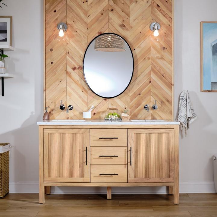 refined bohemian bathroom with the 60" Ayanna Double Vanity in Natural Mindi