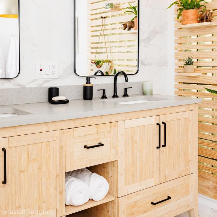 contemporary cabin bathroom with the 60" Burfield Bamboo Double Vanity in Natural Bamboo, Lentz Widespread Faucet in Matte Black