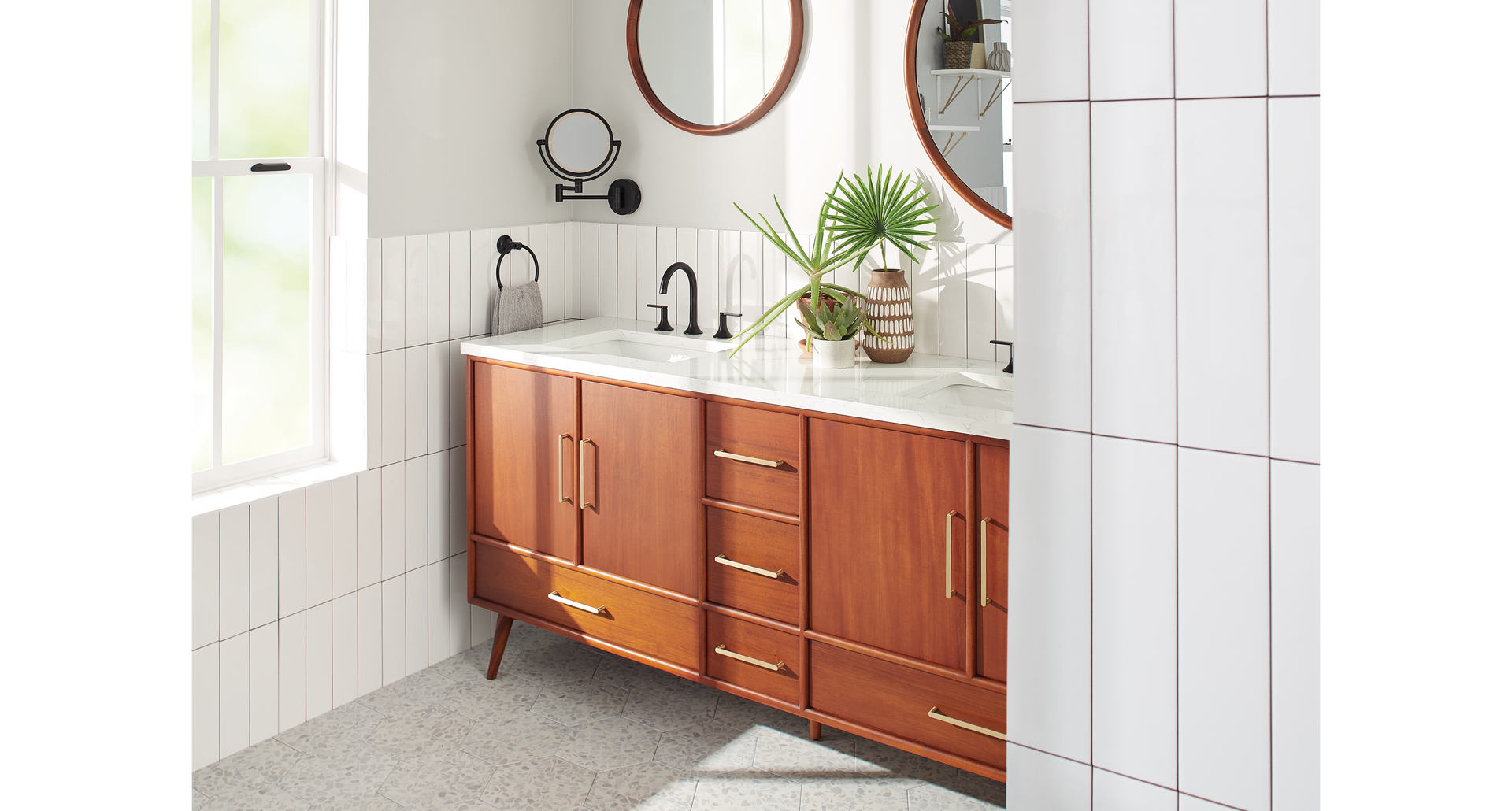 Scandinavian design bathroom for interior design trends - 72" Novak Vanity, Lentz Widespread Faucet in Matte Black