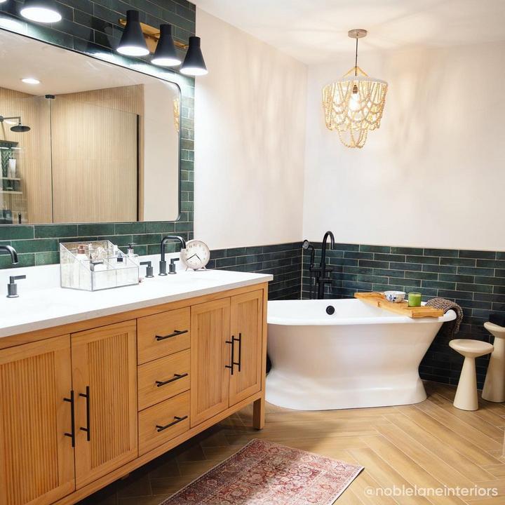 refined bohemian bathroom with the 60" Ayanna Double Vanity in Natural Mindi
