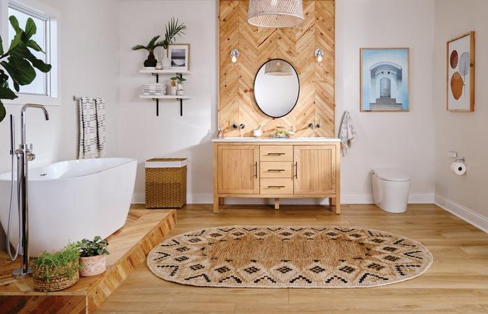 Scandinavian design bathroom for interior design trends - 60" Ayanna Vanity in Natural Mindi, 67" Hibiscus Freestanding Tub