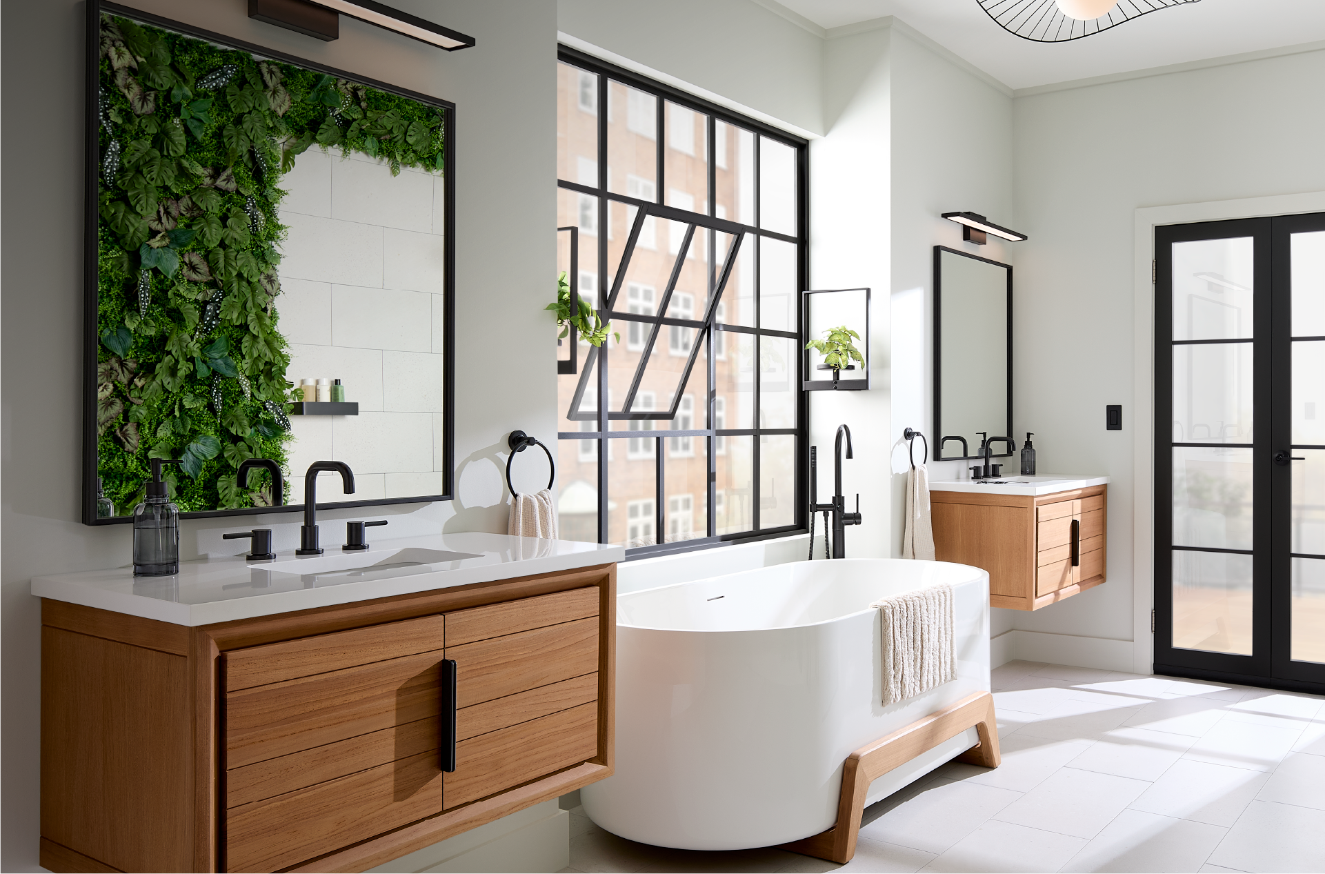 Organic Japandi bathroom - Aliso Wall-Mount Vanity, Conroy Tub, Lexia Widespread Faucet in Matte Black