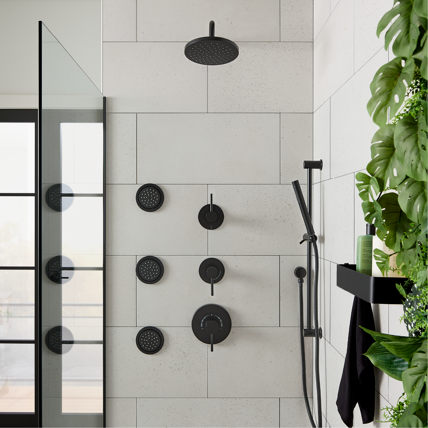 Lexia Thermostatic Shower System with 3 Body Sprays, Slide Bar and Hand Shower - Matte Black