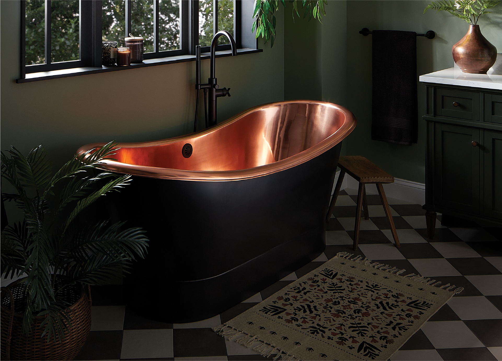 Industrial Japandi Bathroom - Conroy Tub, Lexia Tub Faucet, Bathroom Faucet, Towel Ring - Matte Black