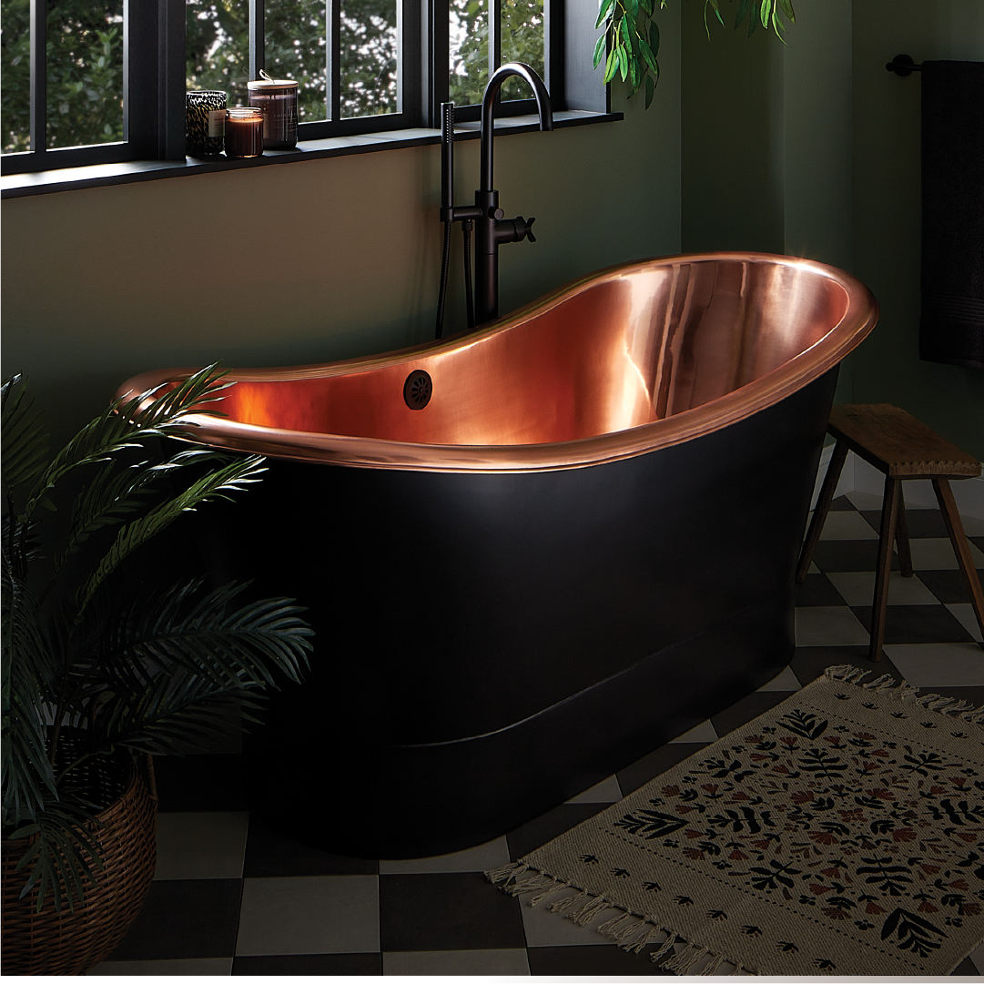 Industrial Japandi Bathroom - Conroy Tub, Lexia Tub Faucet, Bathroom Faucet, Towel Ring - Matte Black