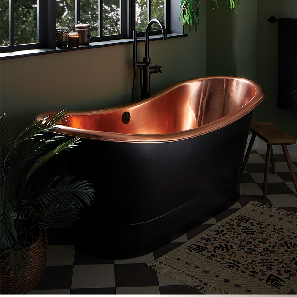 Industrial Japandi Bathroom - Conroy Tub, Lexia Tub Faucet, Bathroom Faucet, Towel Ring - Matte Black