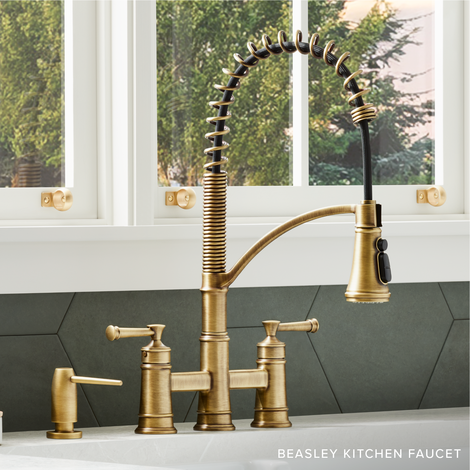 Beasley Bridge Kitchen Faucet with Pull-Down Spring Spout - Aged Brass