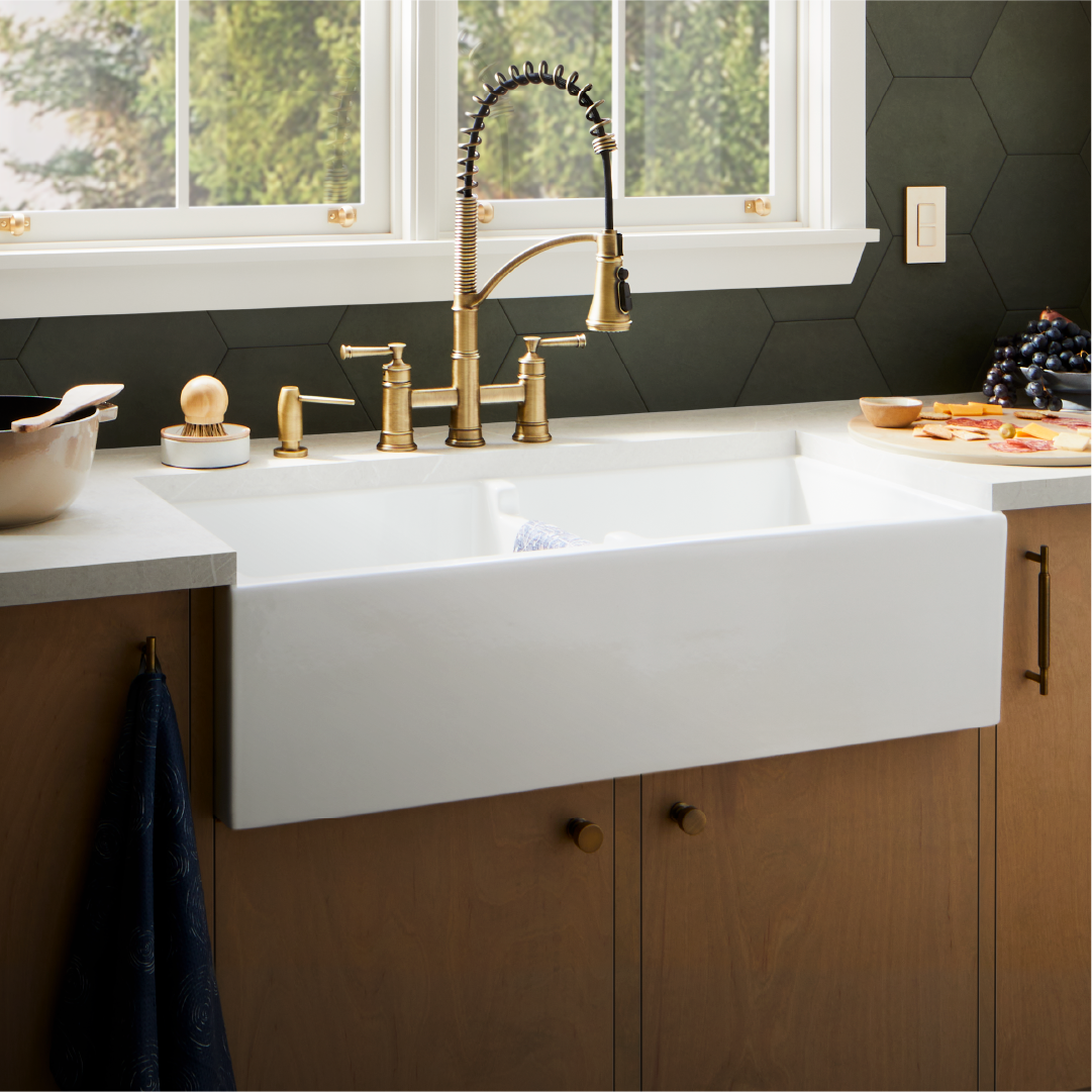 Luxe Heritage kitchen - Beasley Kitchen Faucet, Colmar Cabinet Hardware in Aged Brass, Risinger Farmhouse Sink