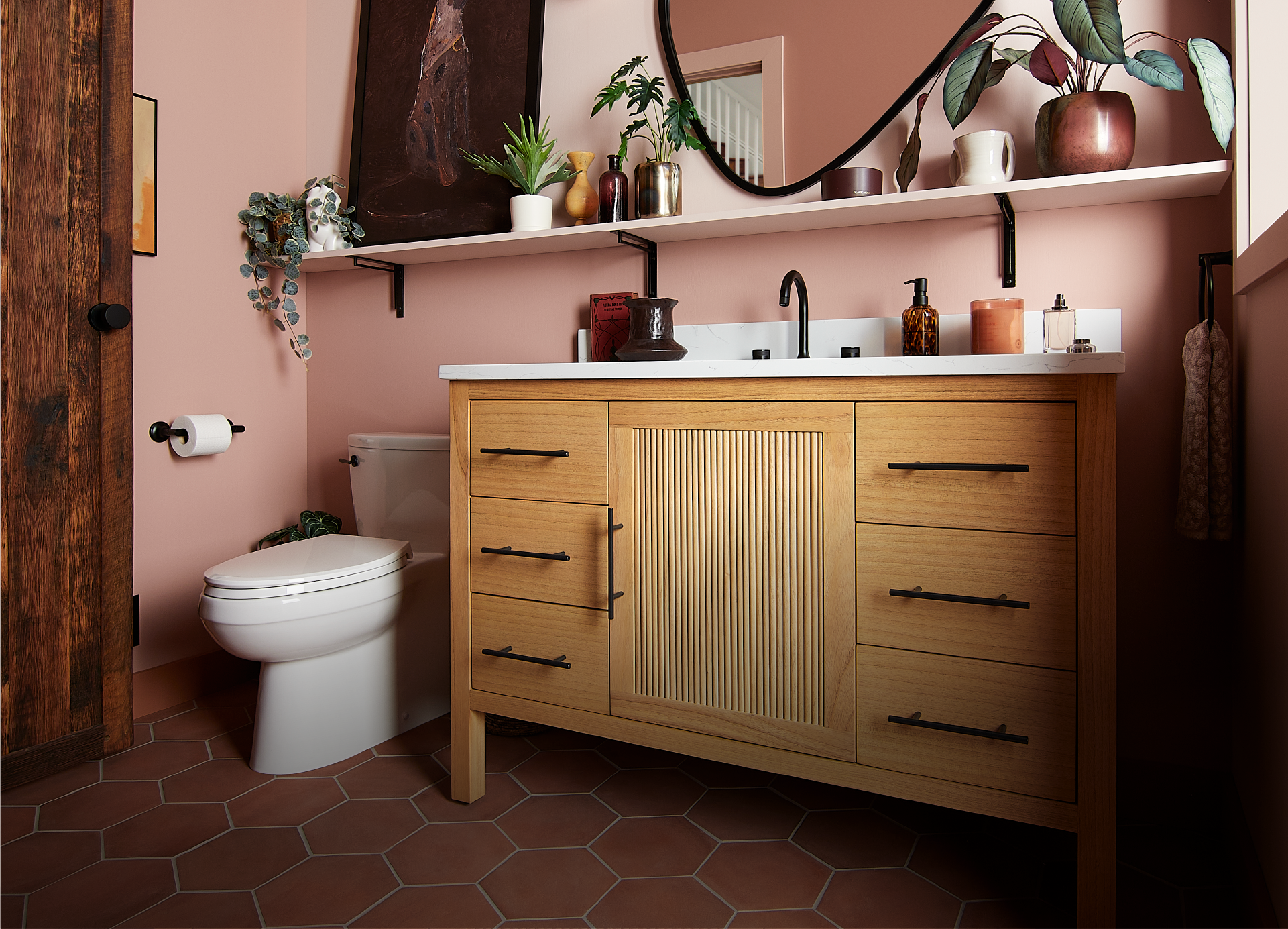 Expressive Eclectic Bathroom - Ayanna Vanity, Lentz Bathroom Faucet, Toilet Paper Holder in Matte Black, Brinstead Toilet
