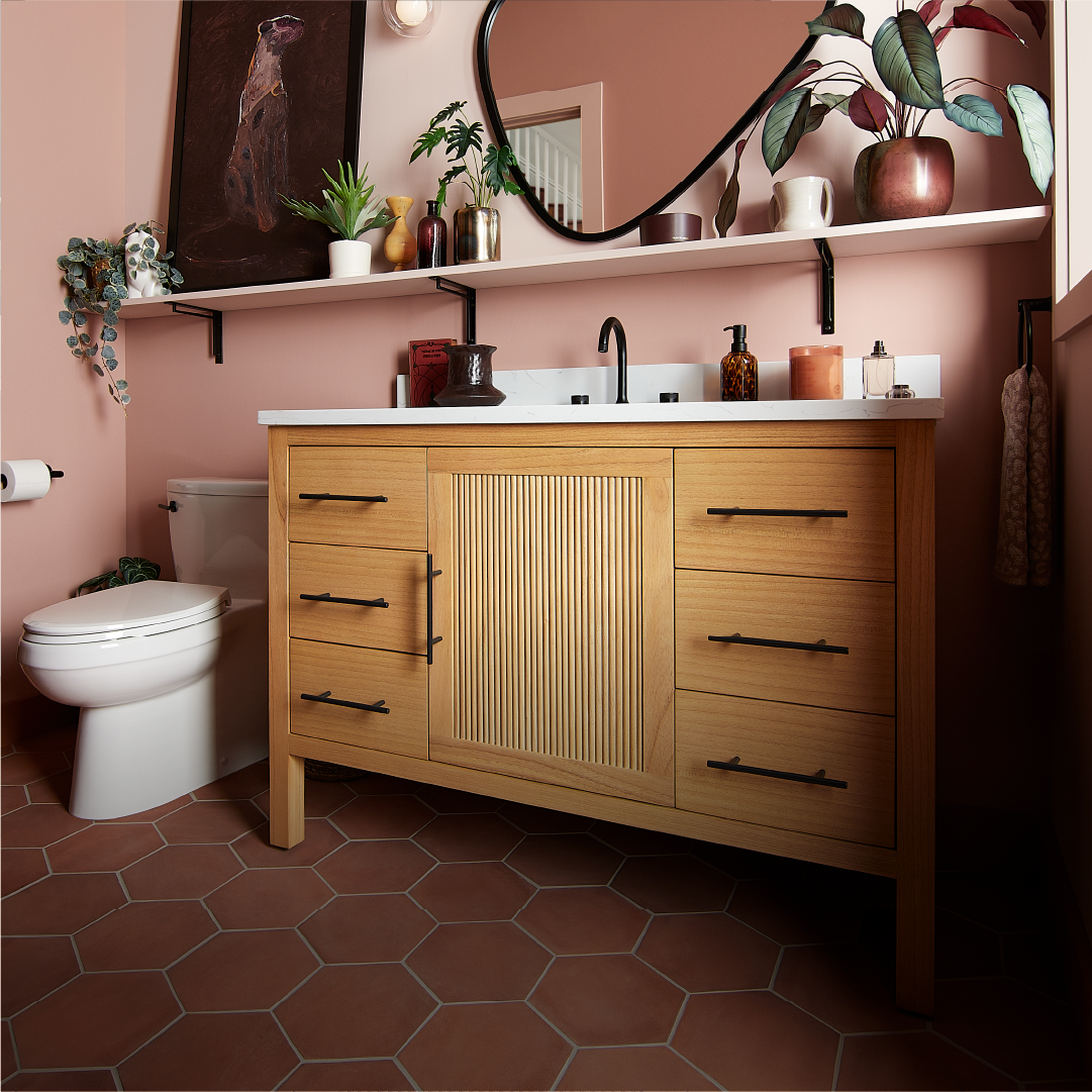 Expressive Eclectic Bathroom - Ayanna Vanity, Lentz Bathroom Faucet, Toilet Paper Holder in Matte Black, Brinstead Toilet