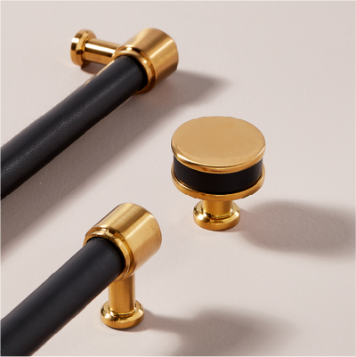 Lazzara Cabinet Pull and Knob Black Leather - Brushed Gold